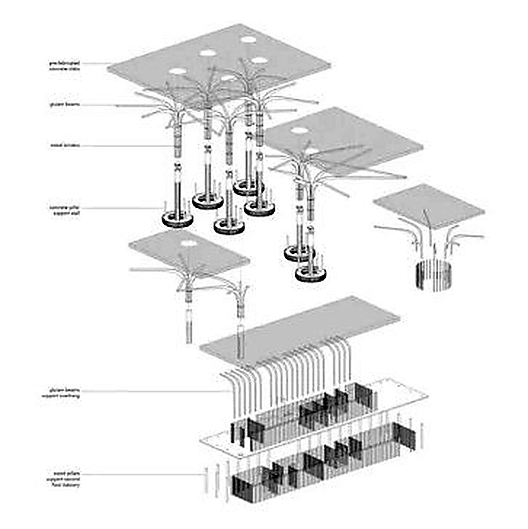 Exploded axonometric diagram of a proposed nature center structure