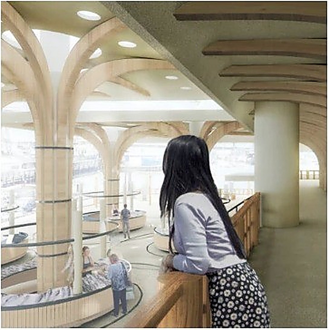 Interior rendering of a timber-framed public market space