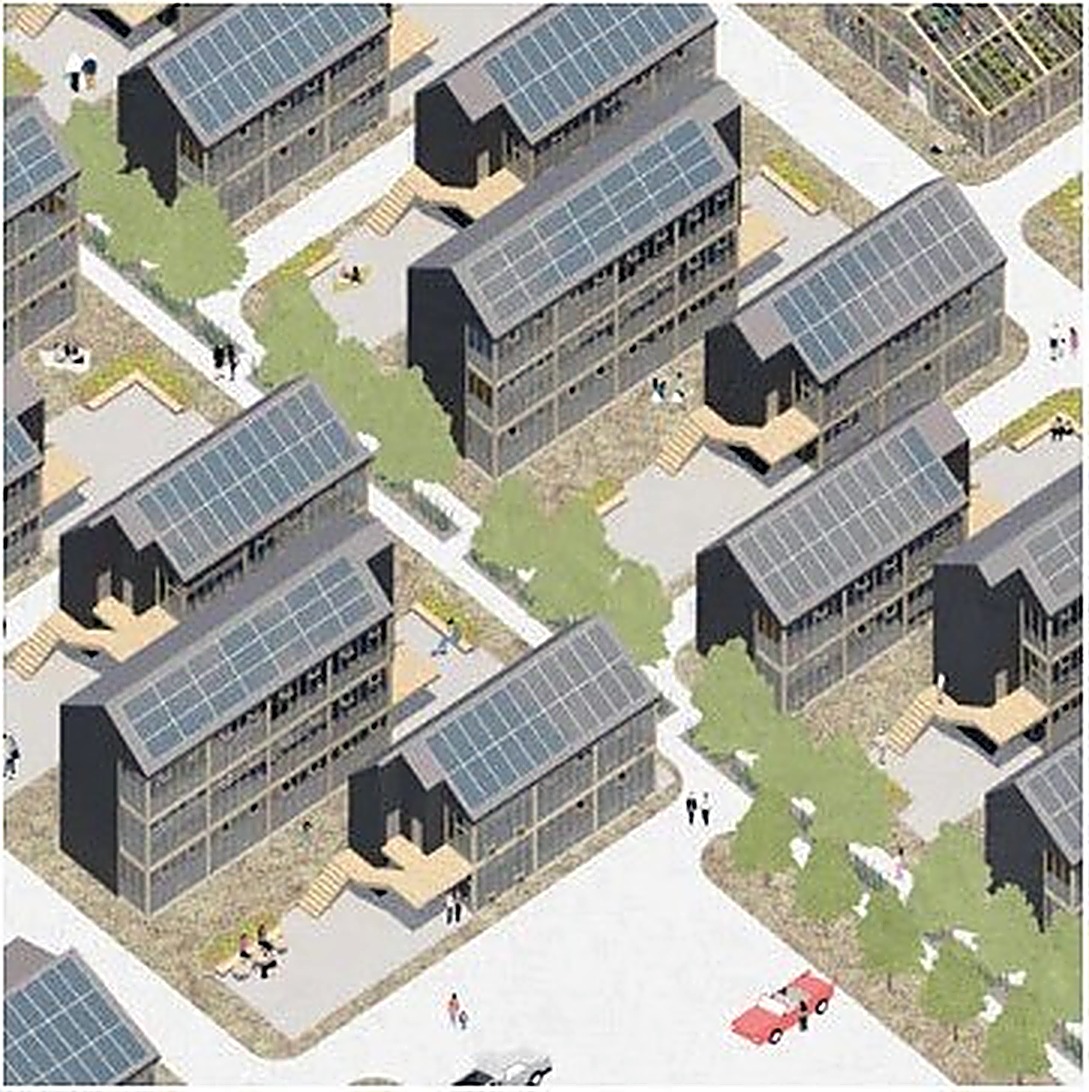 Aerial rendering of a mixed-use development with solar rooftops