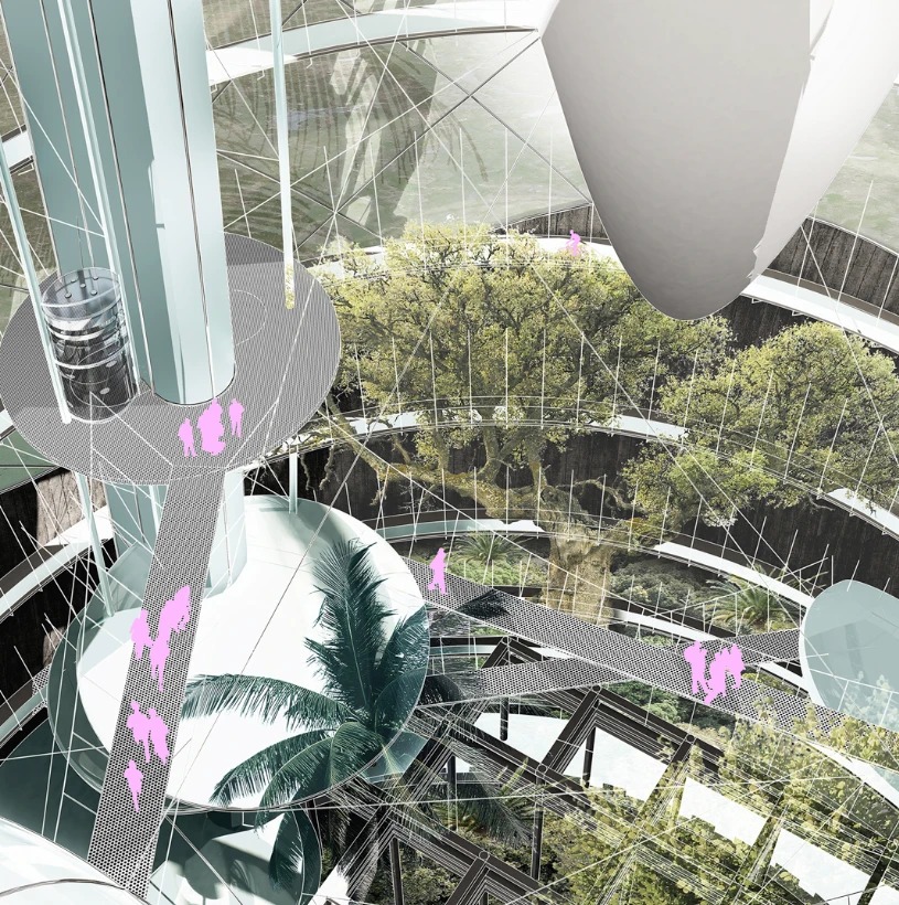 Interior rendering of a greenhouse structure with a suspended walkway