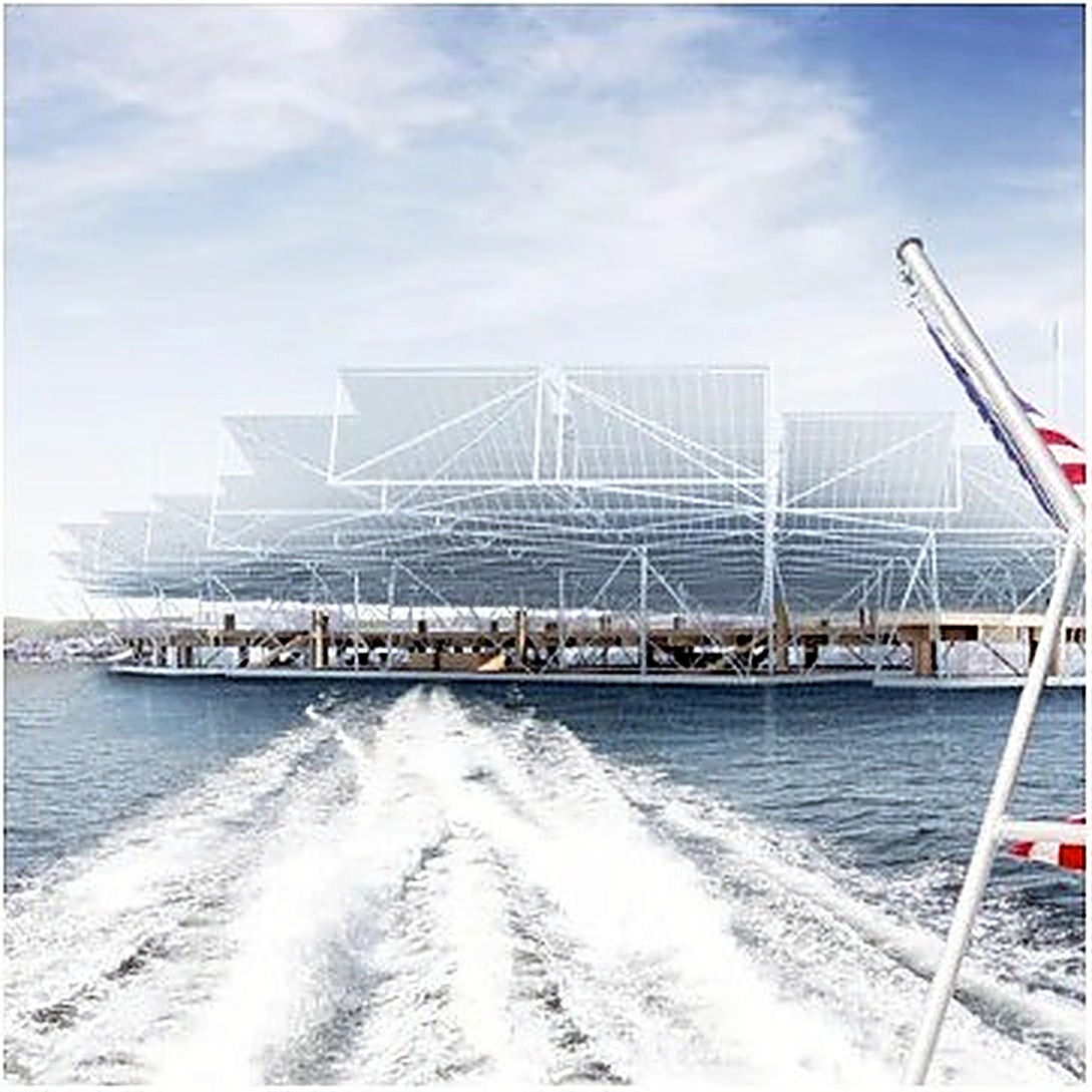 Rendering of a zero-energy ferry transit hub on the water