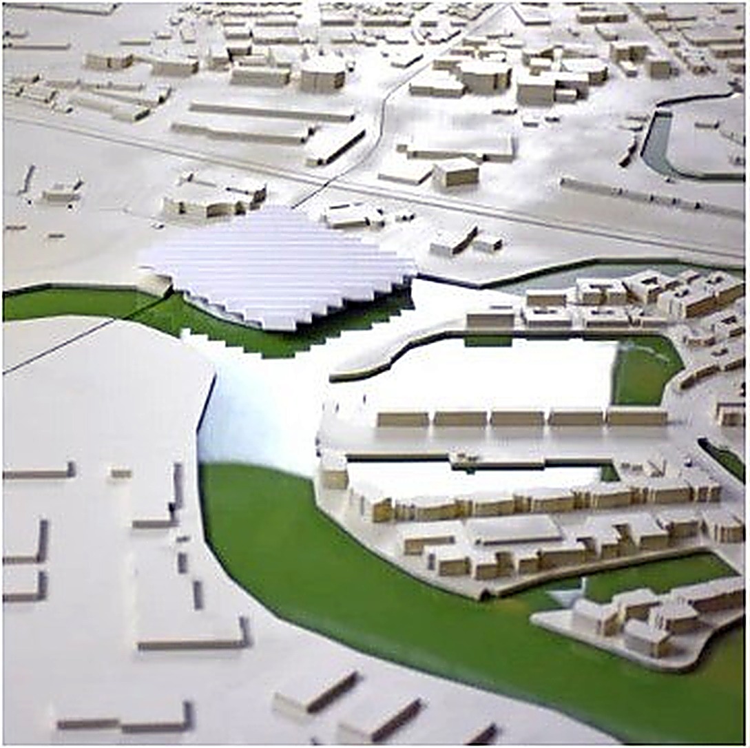 Aerial rendering of a riverside mixed-use community