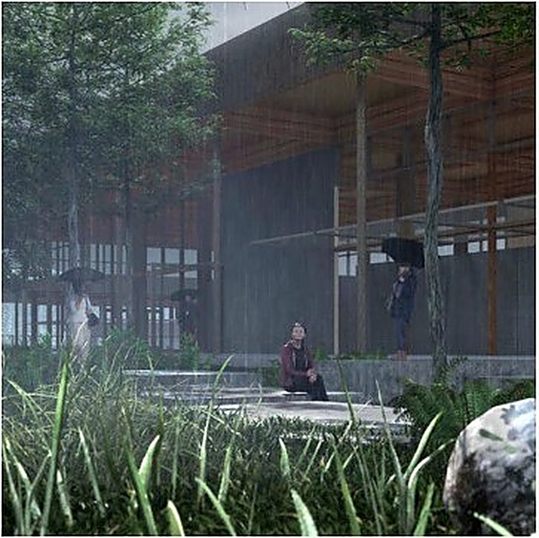 Rendering of a public courtyard space in the rain