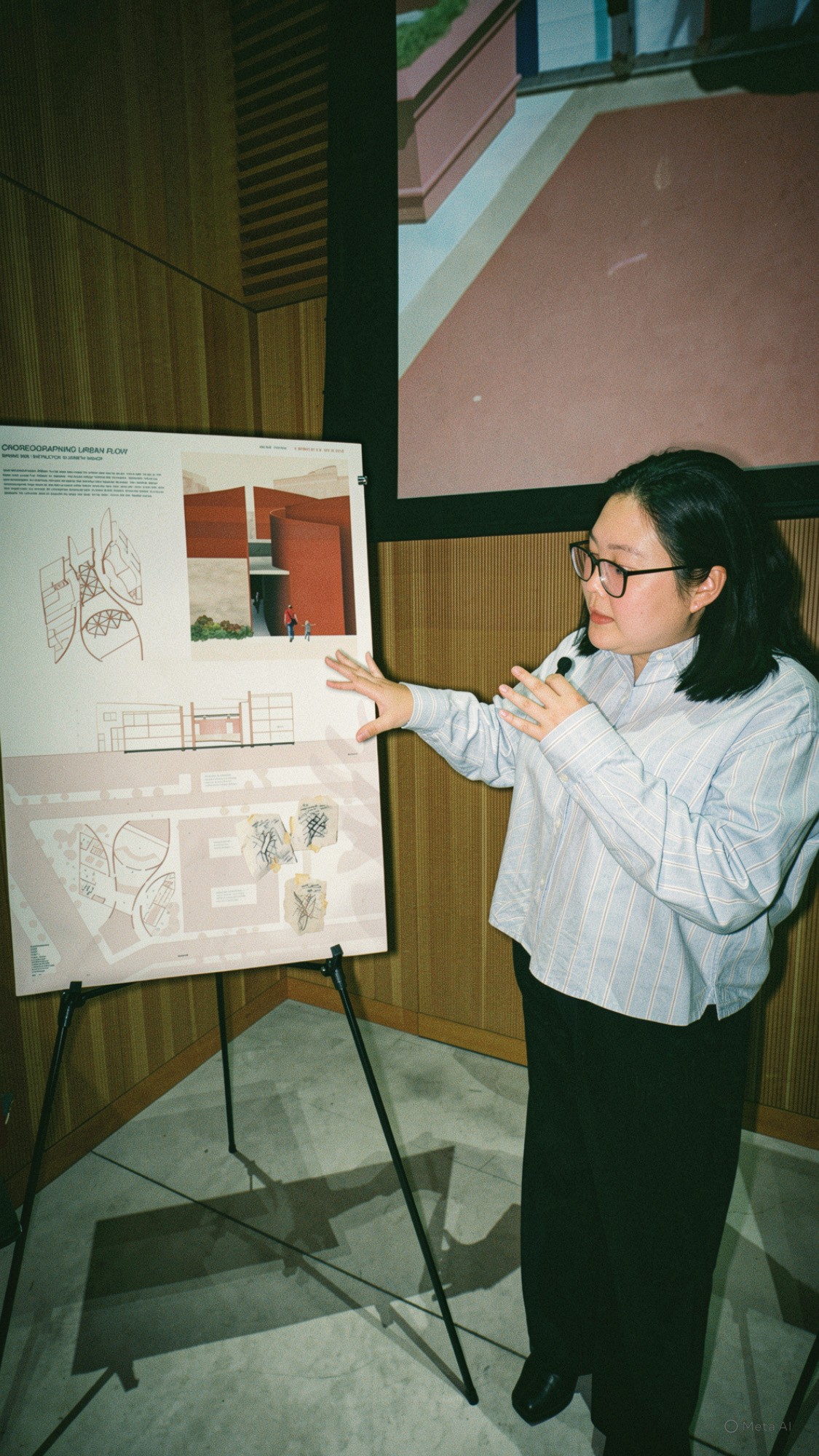 A student presenting an architecture studio board
